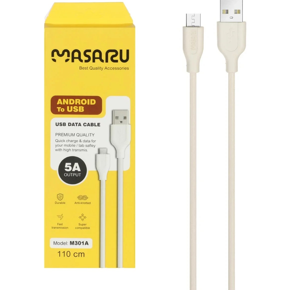کابل شارژ 1.1 متری فست اندروید Masaru مدل M301A - سفید ومشکی- SMO