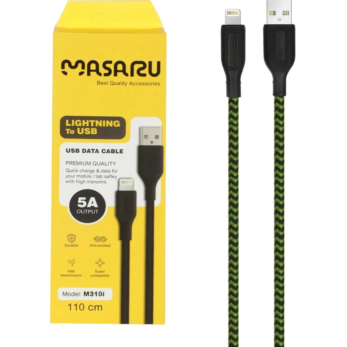 کابل شارژ 1.1 متری فست آیفون Masaru مدل M310i - مشکی سبز - SMO